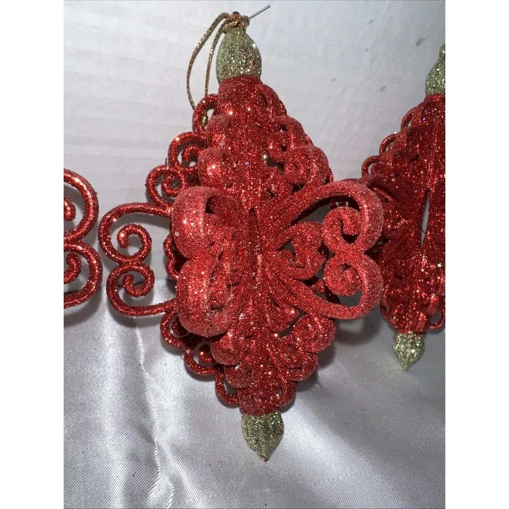 Red Glitter Scroll Christmas Ornaments Set of 3 Filigree Finial Holiday Decor